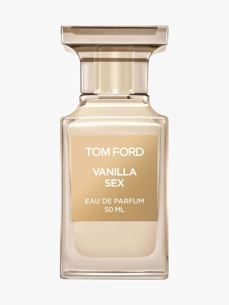 Tom Ford Vanilla Sex Eau de Parfum beige and gold bottle of perfume on light gray background