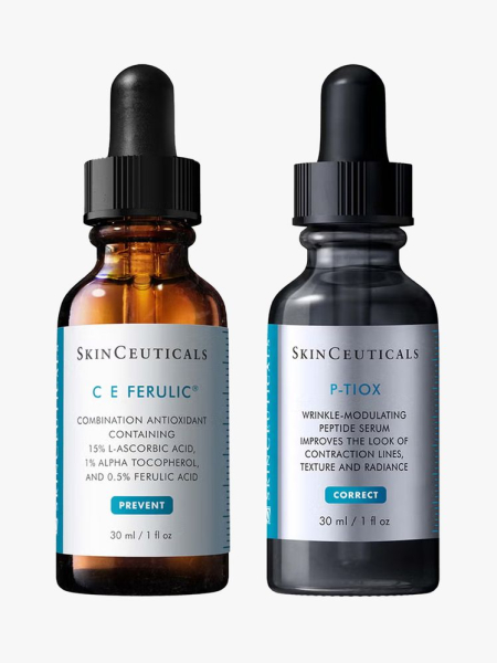 SkinCeuticals Anti-Wrinkle Duo: C E Ferulic & P-TIOX in branded dropper components on a light gray background